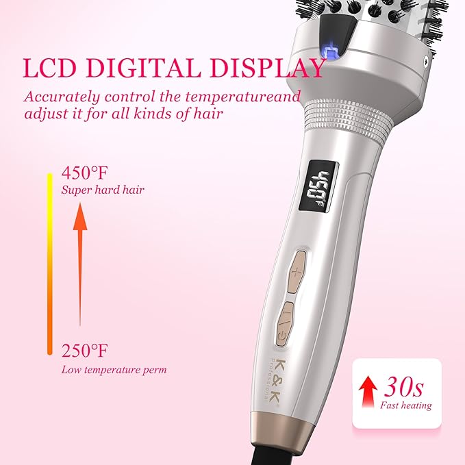 K&K Thermal Brush Heated Round Brush - Blowout Look Volumizer with 1.7 inch Heated Round for Hair Styler Tool Hair Straightener and Curler 2 in 1 Dual Voltage Temperture Contronal (Silver, 1.7 Inch)
