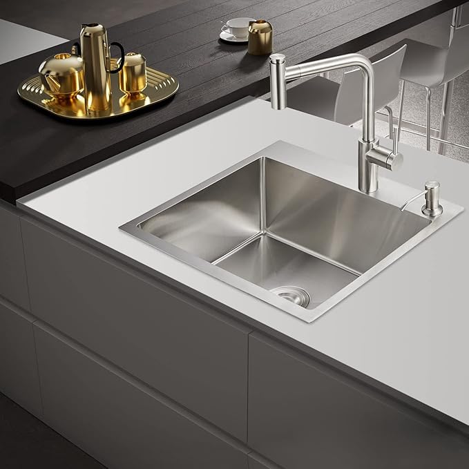 POPFLY 24×18 Inch Drop in Kitchen Sink, Topmount Handmade Single Bowl 18 Gauge - Image 2