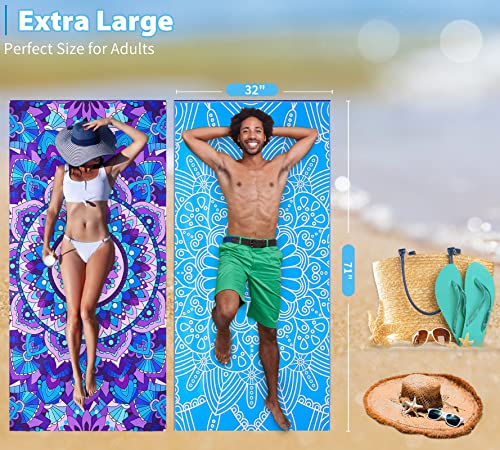 Microfiber Beach Towel with Bag Oversized 71x32 Sand Free 4 Pack (4 Pack Blue Mandala and Birds / 71"x32")