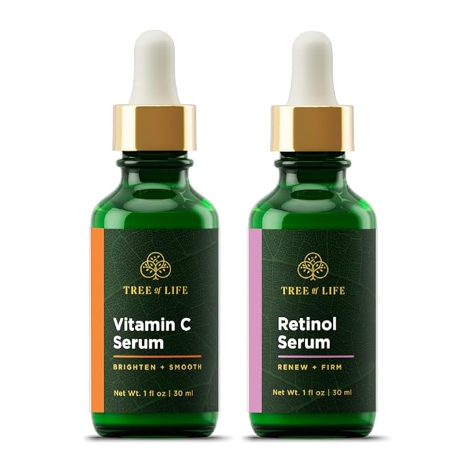 Tree of Life Beauty Facial Skin Care Set, Brightening, Firming, Hydrating, Dry Face, Dermatologist Tested - Vitamin C Serum (Brightens) + Retinol Serum (Smooths) - Skin Care Kit, 2 count of 1 Fl Oz