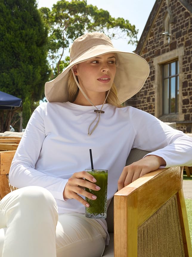 Women's Ultra Wide Cotton Linen Hat UPF 50+ (Small-Medium / Desertsand / Beige)