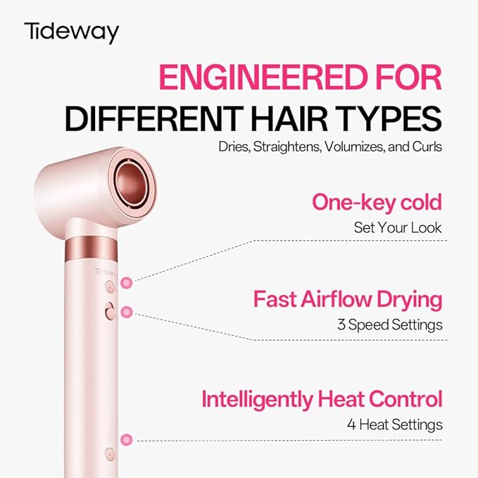 Tideway Prowaver 6-in-1 Hot Air Styler Wrap Dual Voltage Ionic Professional Hair Dryer Brush with Auto Wrap Curlers &Volumizing Brush for Fast Drying& Frizz Free Hair with No Heat Damage for Women