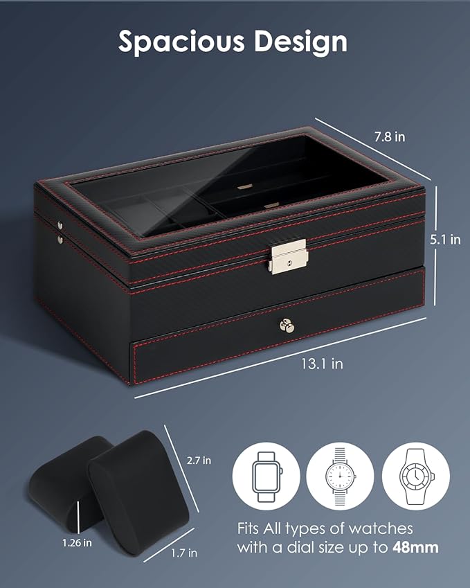 Watch Jewelry Box Organizer, 6-Slot 2-Layer Watch Case and Sunglasses Storage - Image 6
