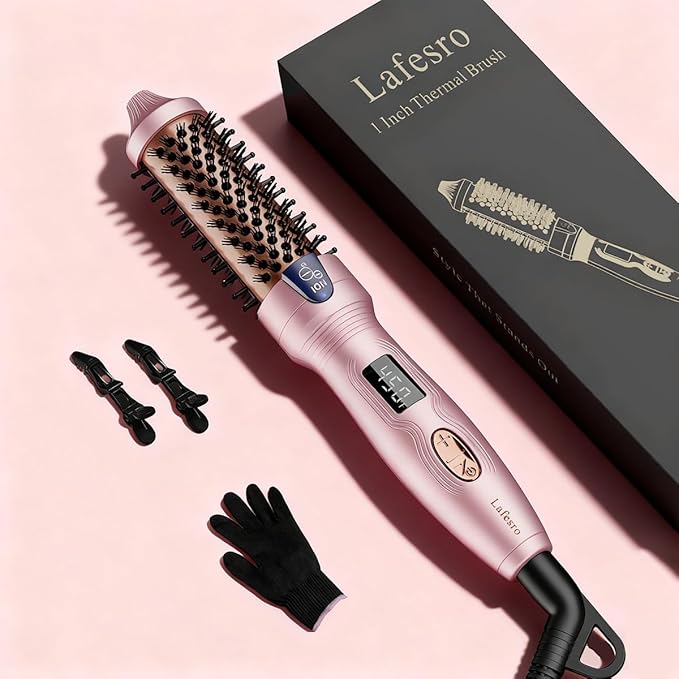 Thermal Brush, MINI & Tiny 1 Inch Ionic Curling Brush for Shiny Hair, Tourmaline Ceramic Ionic Curling Iron Brush for Short to Medium Hair, Adjustable Temperature, Dual Voltage, Compact-Size