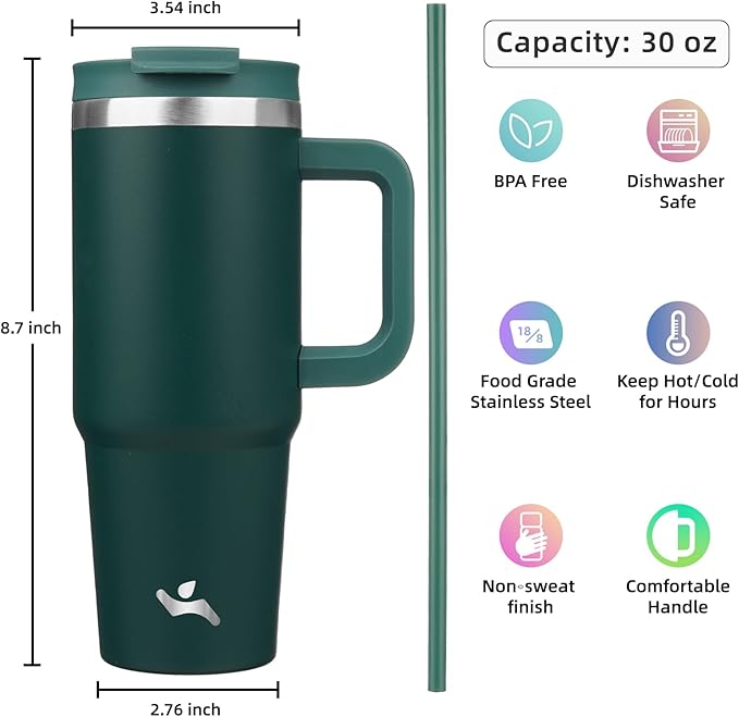 30 oz Tumbler with Handle and 2 Straws, 2 in 1 Lid Insulated Water Bottle - Image 4