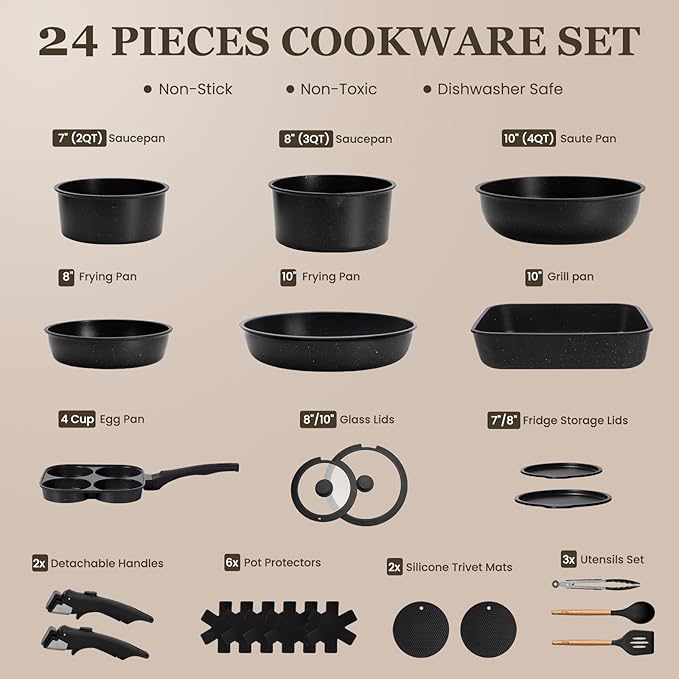KIKCOIN 24 Pack Pots and Pans Set Non Stick, Detachable Handle Cookware Set - Image 2