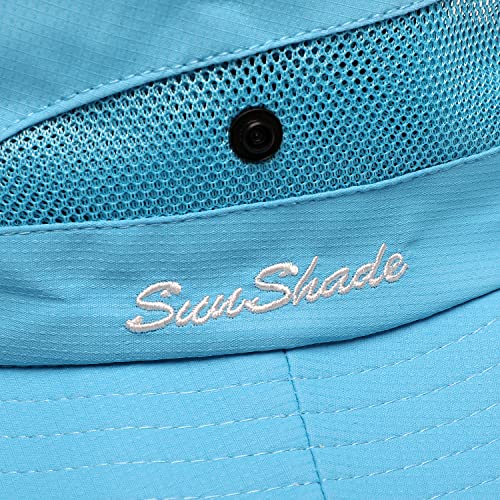 Womens Summer Sun Hat Beach Hat Wide Brim Outdoor UV Protection Hat Foldable Cool Mesh Ponytail Bucket Hat (6-7 / Pure Sky Blue)