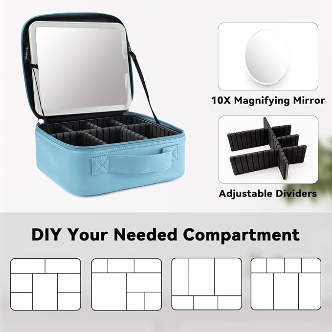 Travel Makeup Bag with LED Mirror and 10x magnifying glass with 3 Lighted - Image 4