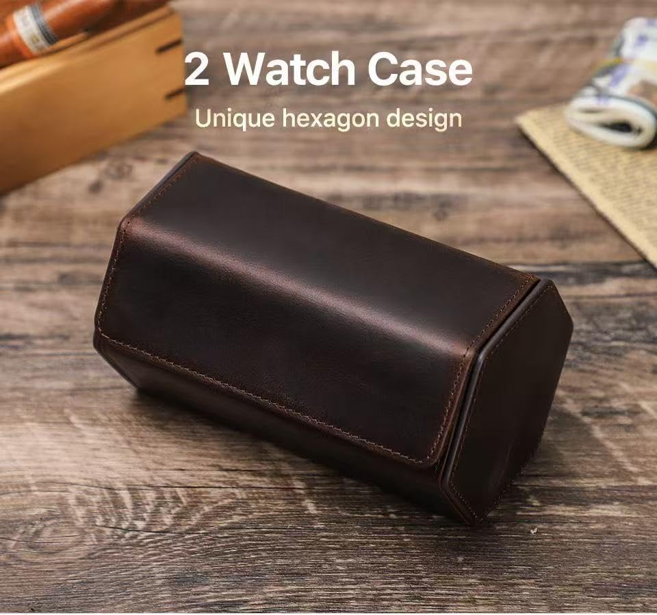 Genuine Leather Watch Roll Travel Case (Hexagon 2 slots)