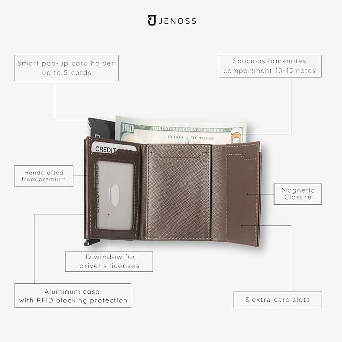 Jenoss Smart Wallet For Men: Full Grain Leather, Handcrafted, Slide Metal Pop - Image 8