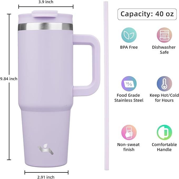 40 oz Tumbler with Handle and 2 Straws, 2 in 1 Lid Insulated Water Bottle - Image 4