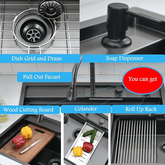 33 Inch Black Waterfall Kitchen Sink Workstation -Bokaiya 33x19 Drop In Kitchen - Image 8