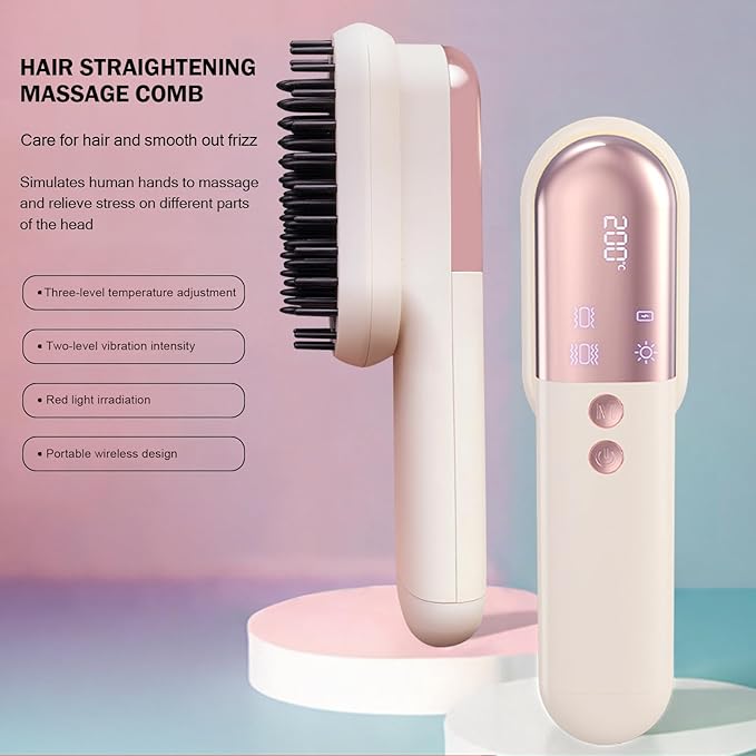 Cordless Hair Straightener Brush Minor Hair Straightening Brush Portable Travel Tool LCD Display Rechargeable Lightweight Anti-Scald Heated Styling Appliances for Effortless Sleek Hair (White)