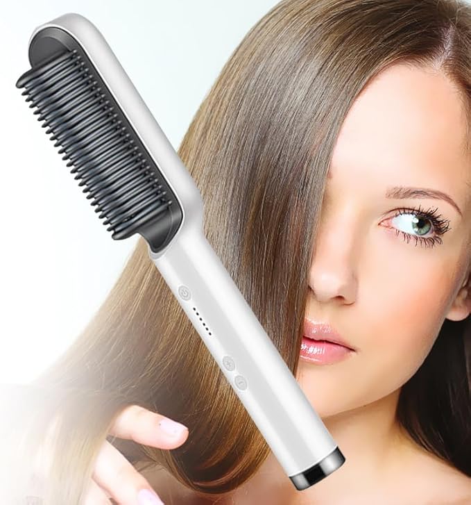 Professional Anion Hair Straightener Comb, Beard Straightener Brush, Ceramic Plate Electric Hair Straightening Brush for Salon Results, Heating Straightener, Heated Electric Comb (White)