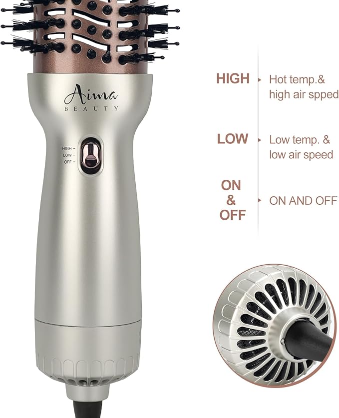 Aima Beauty 4 in 1 Worldwide Travel Hot Air Brush Dual Voltage Blowout Brush Oval Shape 110V-120V/220V-240V Straightener Blow Dryer Brush Ionic Lock Moisture Gift 360° Swivel Cord Champagne Silver