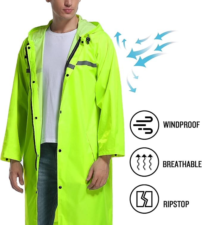 Mens Long Hooded Safety Rain Jacket Waterproof Emergency Raincoat Poncho - Image 5
