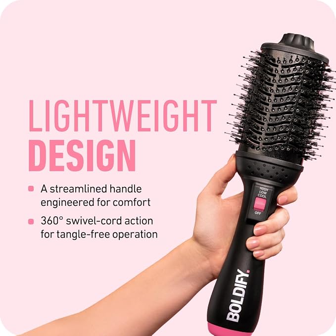 BOLDIFY Professional Blow Dry Brush - for Silky Shiny Curls, Waves, or Straightener - BoarCraft™ Charcoal Infused Hair Dryer Brush w/Volumtech™, Anti Frizz Advanced ION Generator Technology