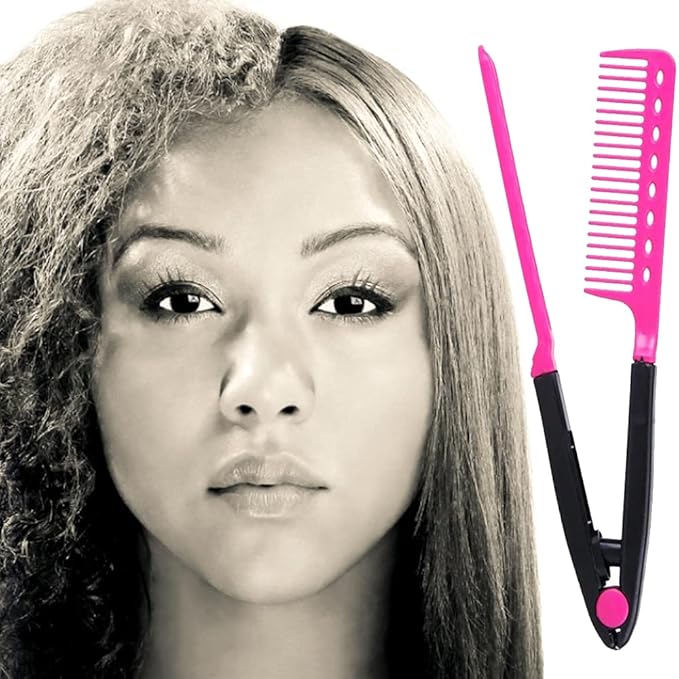 EasyGlide-V Hair Straightener and Detangler - Rat Tail Style V-Comb for Sectioning, Flat Ironing, Blow Drying, Keratin Comb for Tangled Hair, Spring Grip, Heat Resistant (Pink)