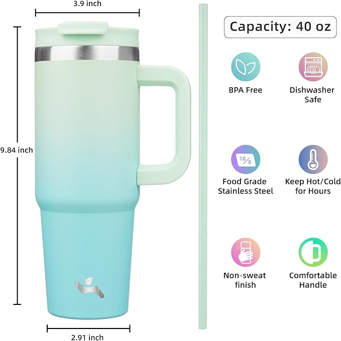 40 oz Tumbler with Handle and 2 Straws, 2 in 1 Lid Insulated Water Bottle - Image 4