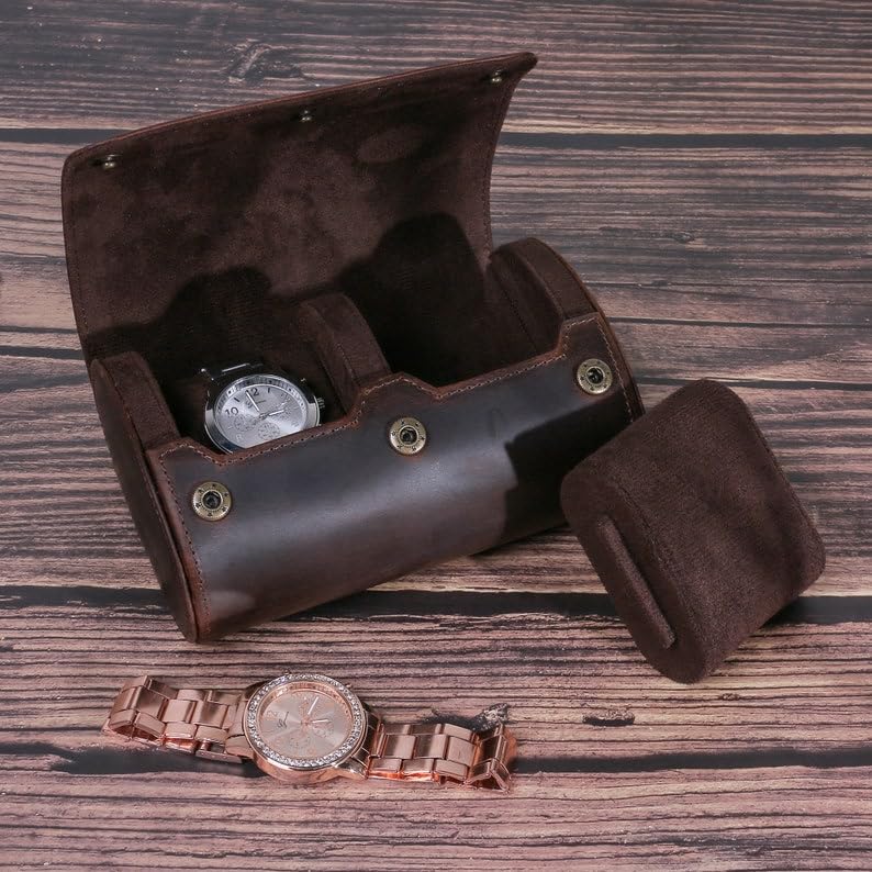Genuine Leather Watch Roll Travel Case (Roll 2 slots)