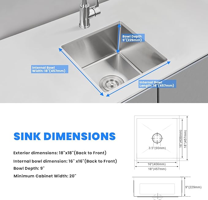 POPFLY 18 x 18 Inch Undermount Kitchen Sinks, Stainless Steel Single Bowl 9 - Image 7