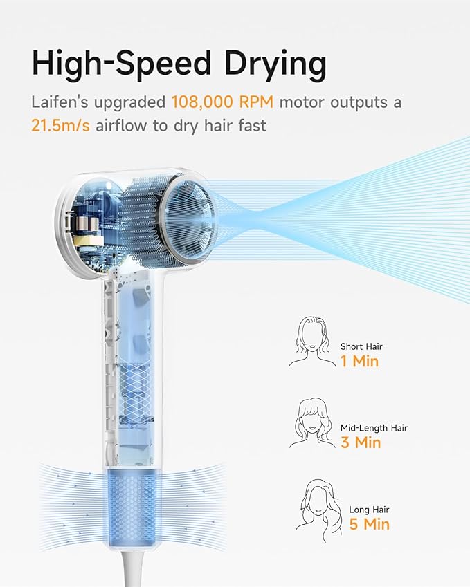 Laifen Hair Dryer SE 2, 200 Million Negative Ionic Blow Dryer with Child Mode and 108,000 RPM Brushless Motor, 1400W Powerful Fast Drying High-Speed Low Noise Hairdryer with Magnetic Attachments