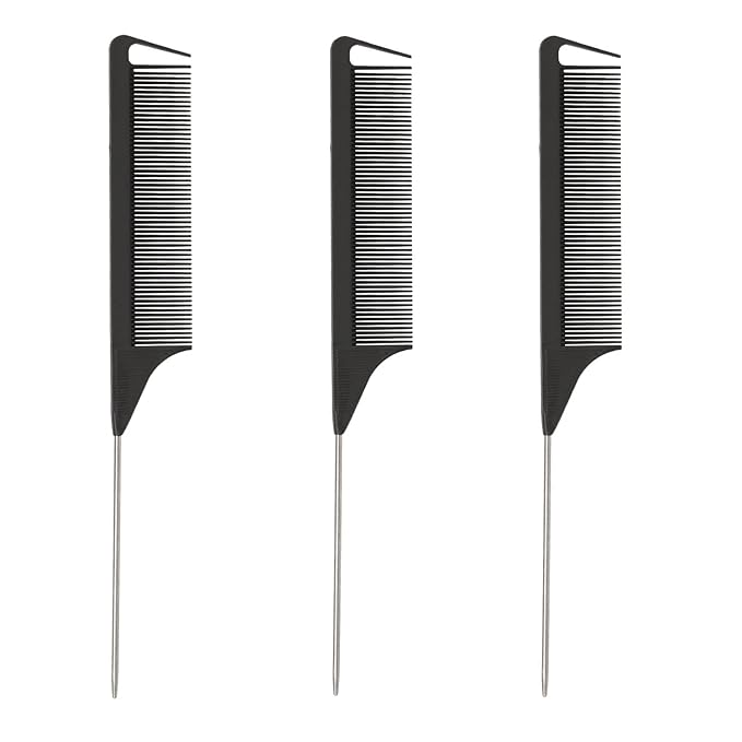 STUDIO LIMITED Carbon Pin Tail Combs, 3-Pcs Rat Tail & Stainless Steel Hair Parting & Styling Tools, Anti-Static for Easy Sectioning & Styling