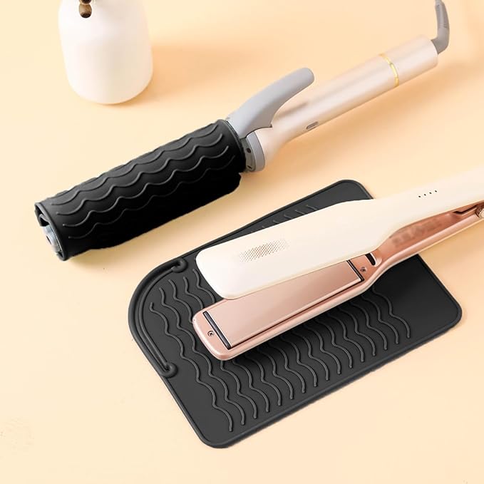 Flat Iron Heat Resistant Silicone Mat for Curling Iron, Hair Straightener Heat Pad, Curling Iron Sleeve, Travel Case Heat Resistant and Other Hair Styling Tools, for Counter, 9 x 6.5 in, Black