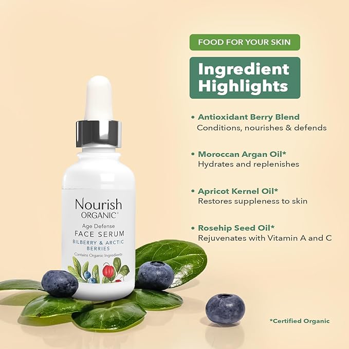 Nourish Organic Face Serum, Bilberry & Arctic Berries – Age Defense Formula with Vitamin C and Vitamin A, 0.7 Oz + Washable Cotton Round