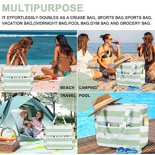 Waterproof Beach Tote Pool Bags for Women Ladies Extra Large Gym Tote Carry On Bag With Wet Compartment for Weekender Travel (Sage Green Stripe)