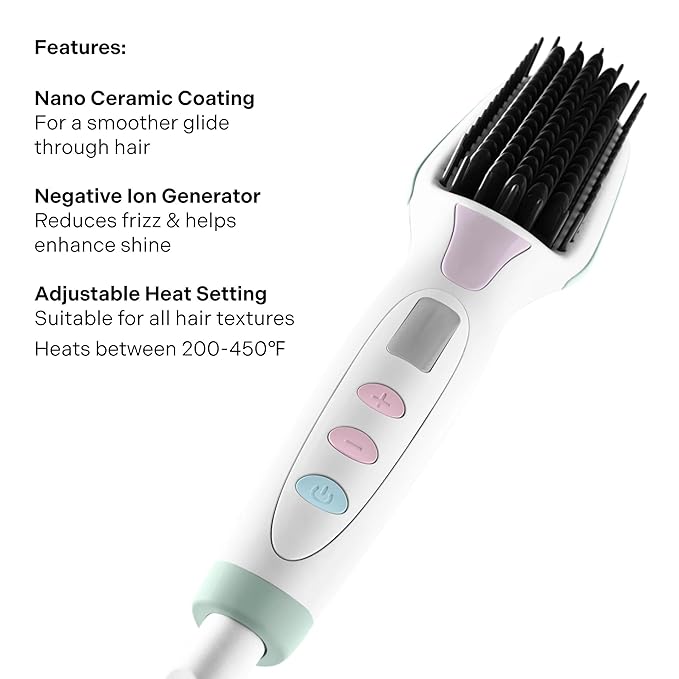 Mane Get Ur Sleek On Hair Straightener Brush - Smoothing Hot Air Brush with Adjustable Heat for Frizz-Free Styling - Nano Ceramic Ionic Hair Tools - For Use on Dry Strands - Worldwide Voltage