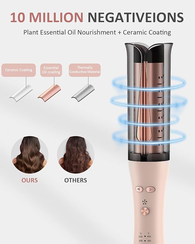 Automatic Curling Iron, Auto Hair Curler with 4 Temperature & 3 Timer Portable Hair Curler Automatic Shut-Off, Anti-Scald, Anti-Tangle 500 Million Ionic Rotating Curling Wand for Hair Styling