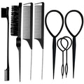 8Pcs Black Hair Brushes Set with 4Pcs Topsy Tail Tools, Teasing Bristle Brush, Edge Control Brush, and 2Pcs Metal Pin Rat Tail Combs for Women's Hair Styling and Brushing