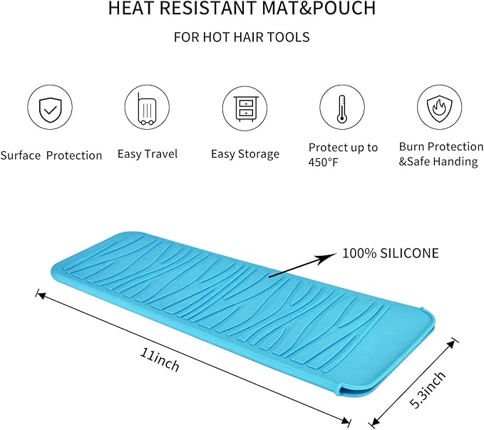 Silicone Heat Resistant Travel Mat Pouch for Hair Straighteners, Curling Irons, Wands, and Hot Styling Tools (Sky Blue) 1 Pack