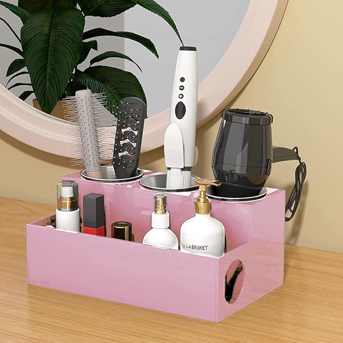 OnDisplay Fallon Deluxe Acrylic Hair Tool and Accessory Organization Station - Holds Hair Dryer, Curling Iron, Hair Straightener - Cosmetics/Makeup/Brushes/Pencils (Pink)