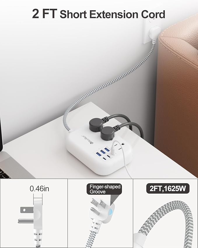 Short Extension Cord 2 Foot- 6 USB Travel Power Strip - Image 5