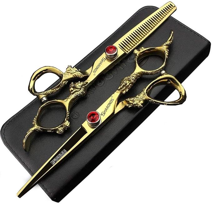 Gold Dragon Professional Hairdressing Scissors - 7/7.5/8 Inch, Gold and Black, 6 Inch 2-Piece Set