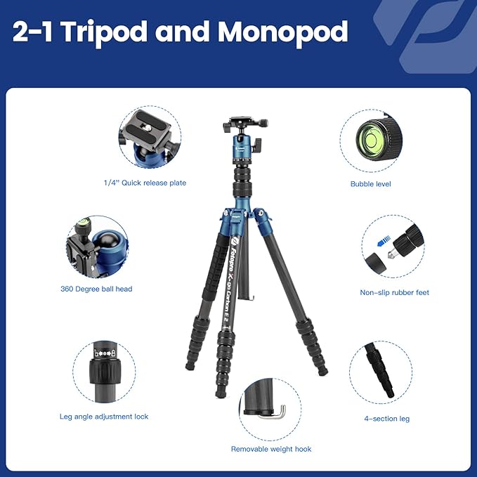 Fotopro 59" Carbon Fiber Travel Tripod, Compact Camera Tripod - Image 6