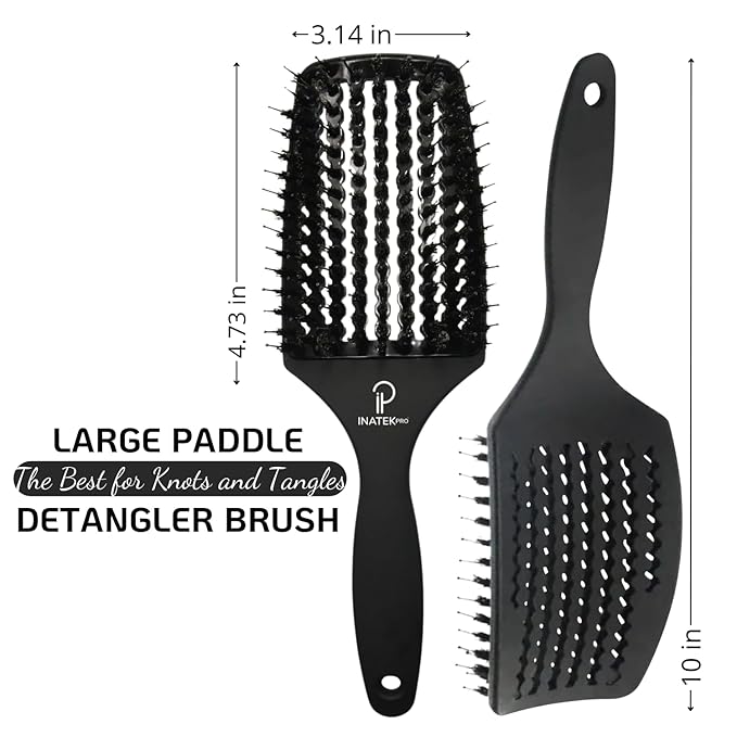 Curved Vented for Blow Drying - Boar Bristle Brush (Large) with Comfortable Handle - Soft Bristle Brush for Thick and Fine Hair - Natural Boar Bristles for Women, Men & Kids - Black