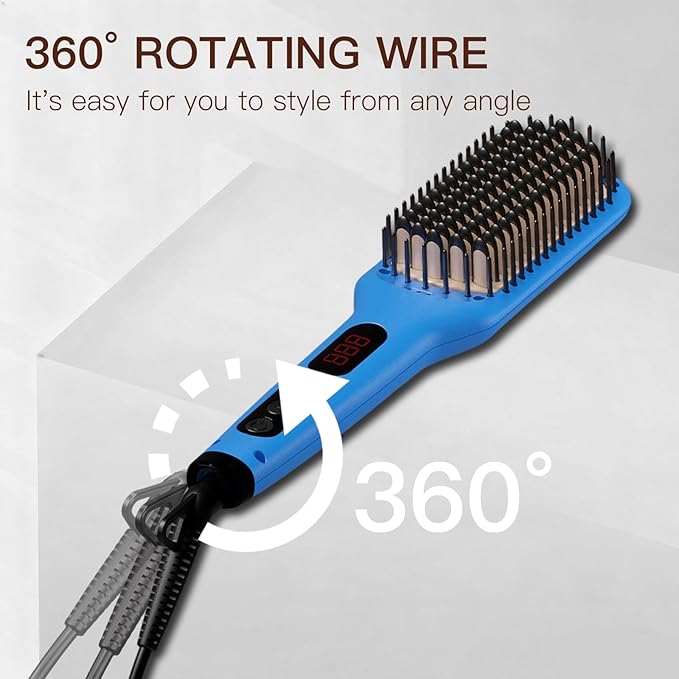 MEGAWISE Pro Ceramic Ionic Hair Straightener Brush for Home Salon | MCH Fast 20s Heating Tech with Auto-Off Safety | Anti-Scald with Universal Dual Voltage | Rotatable Power Cord (Gentian Blue)