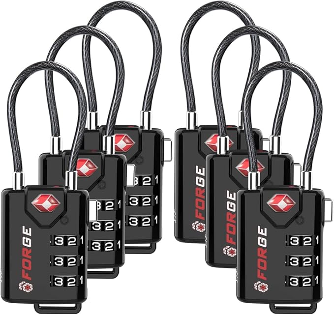TSA Approved Cable Luggage Locks, 6 Pack, Easy Read Dials by Forge