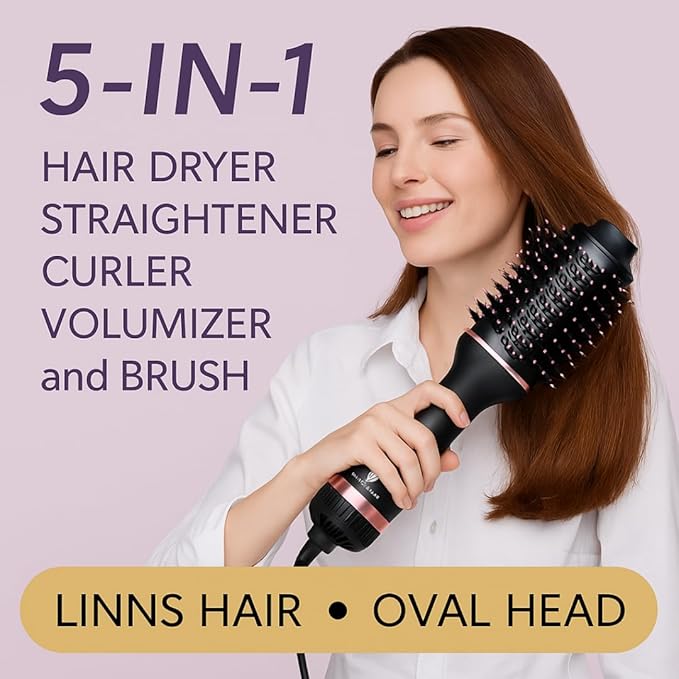 LHB 500 Professional Hot Air Brush, Round Styling Brush Hair Dryer, 2-in-1 Blowout Brush with Rose Gold Accents, Black