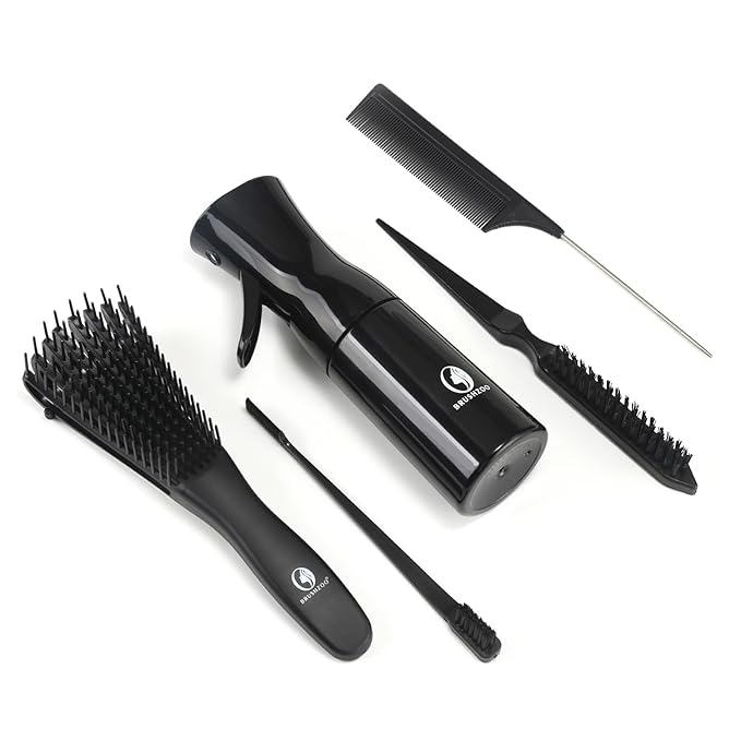 Hair Brush Set, Hair Brushes for Women Men kid Wet Dry All Hair Detangling Parting Styling, Brush Set with Detangler Brush, Edge Brush, Teasing brush, Rat Tail Comb (Black)