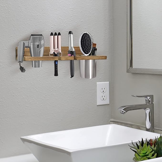 Bathroom Wall Mounted Hair Dryer Holder Hair Care & Styling Tool Organizer, Farmhouse Wooden Beauty Hair Appliance Holder for Flat Iron, Curling Wand, Hair Straighteners, Brushes