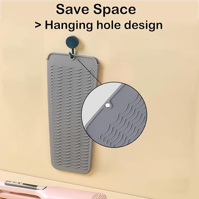 2 Heat Resistant Silicone Mat with Hanging Hole, Straightener Heat Resistant Travel Mat & Pouch for Curling Iron, Flat Iron and Other Hot Hair Styling Tools, 11 x 5 in, Gray