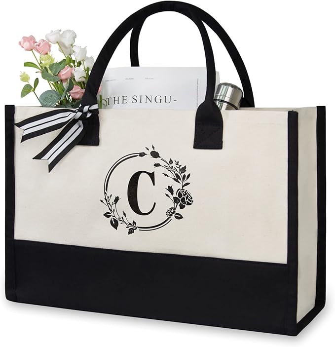 TOPDesign Personalized Initial Jute/Canvas Beach Bag, Monogrammed Gift Tote Bag by TOPDesign