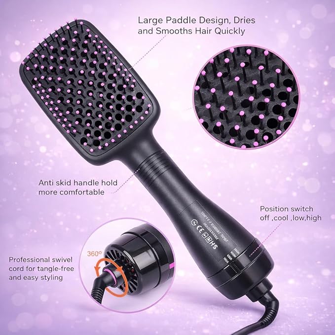 2-in-1 Hair Dryer Brush & Straightener Brush, Ionic Blow Dryer Brush for Women, Hot Air Brush with Paddle Design, Negative Ion Hair Styler for Smooth, Shiny, Frizz-Free Hair, Lightweight & Fast Drying
