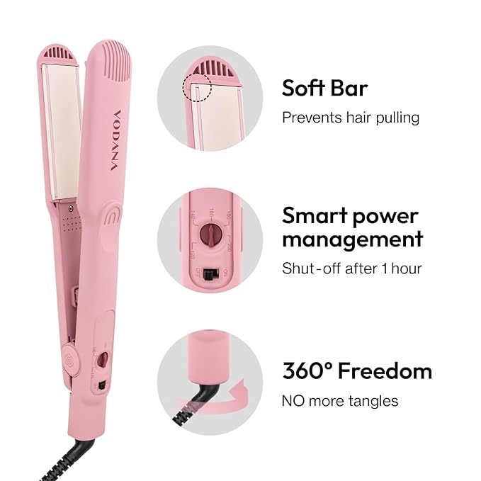 VODANA Professional Softbar Flat Iron - Ceramic Straightener with Patented Silicone Bar, Smooth & Quick Styling, Healthy Hair Solution, Dual Voltage for Worldwide Use (1.5 inch, Milk Tea Rose)