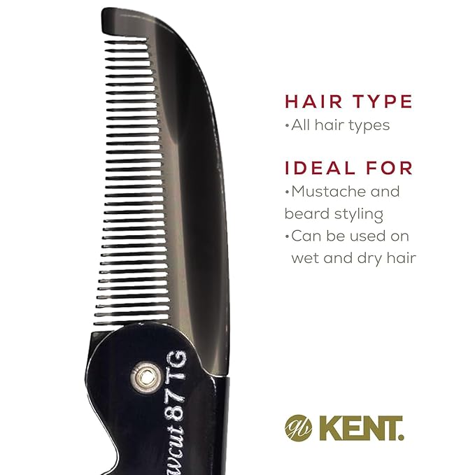 Kent 87T Black Graphite Handmade Folding Pocket Comb for Men, Fine Tooth Hair Comb Straightener for Everyday Grooming Styling Hair, Beard or Mustache, Saw Cut Hand Polished, Made in England (3 Pack)