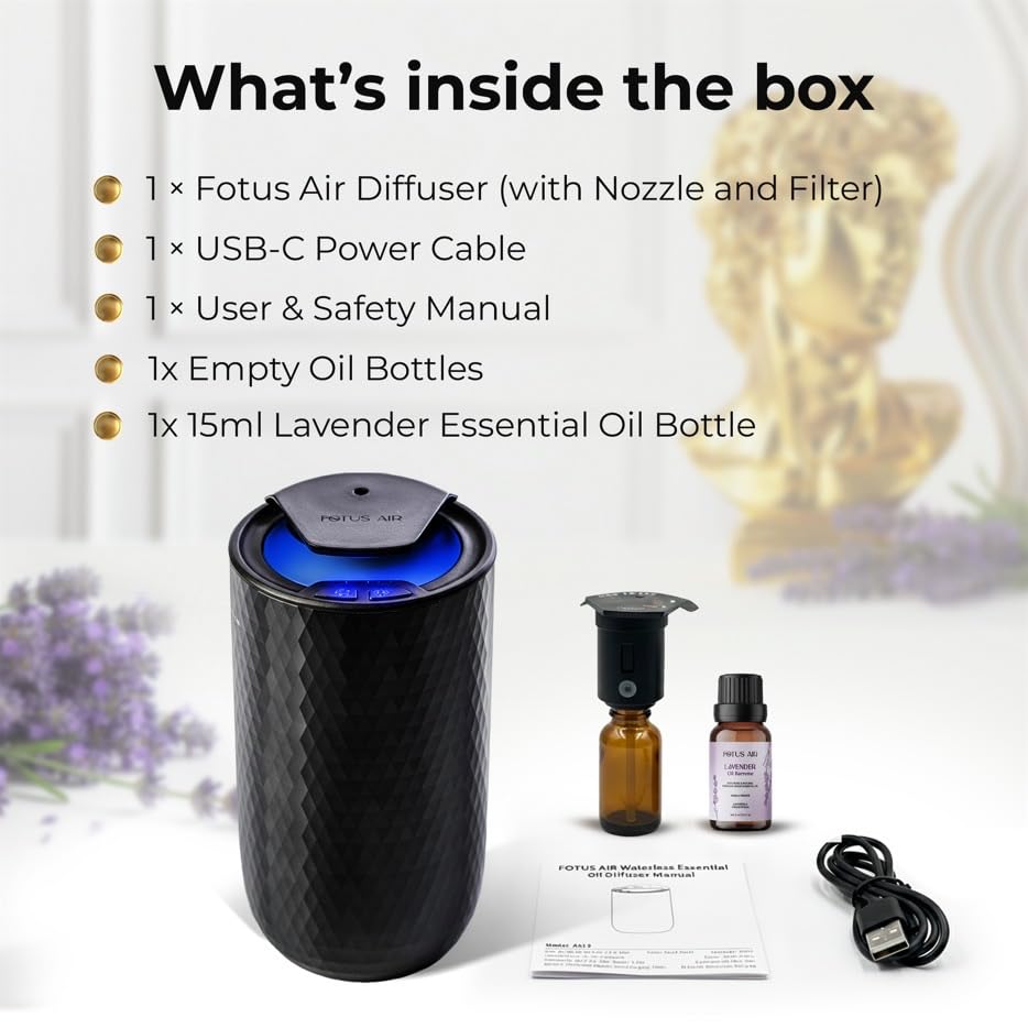 Waterless Essential Oil Diffuser Starter Kit with 15ml French Lavender Oil (Black2)